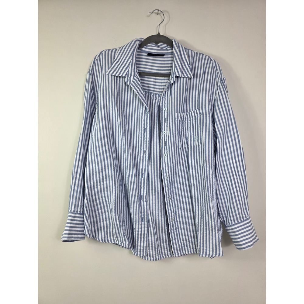 Lane Bryant Guaze Button-Down Top Blue White Vertical Stripes Oversized 14/16